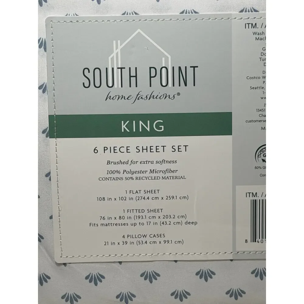 South Point 6 Piece King Sheet Set White With Blue Design Microfiber Pillow Case